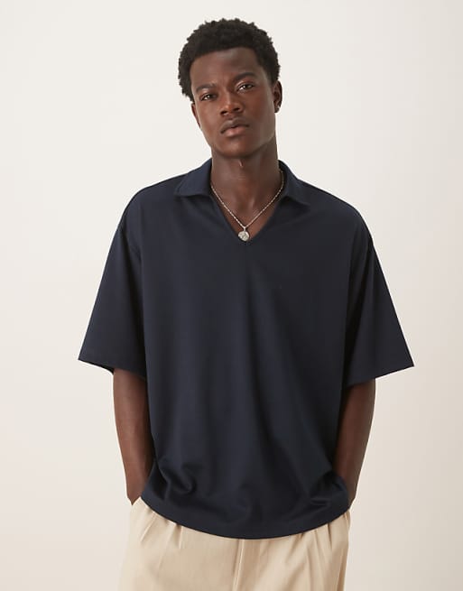 DESIGN heavyweight oversized revere notch neck polo in navy