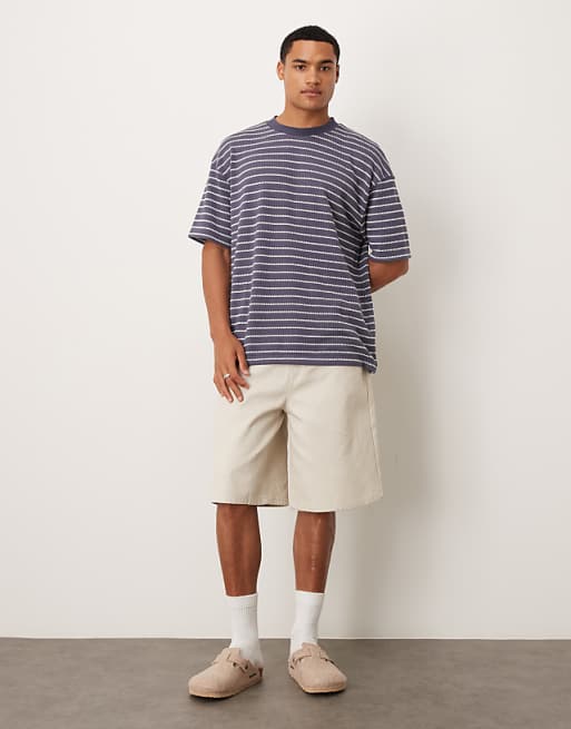 DESIGN Heavyweight Oversized T-shirt In Navy And White Textured Stripe