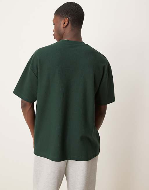 DESIGN Heavyweight Oversized T-shirt In Waffle Texture With City Graphic In Dark Green