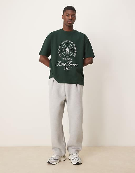 DESIGN Heavyweight Oversized T-shirt In Waffle Texture With City Graphic In Dark Green