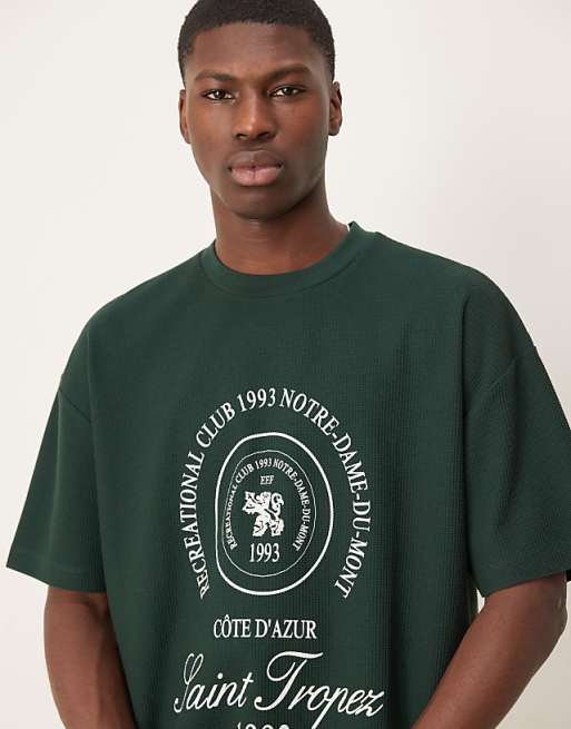 DESIGN Heavyweight Oversized T-shirt In Waffle Texture With City Graphic In Dark Green