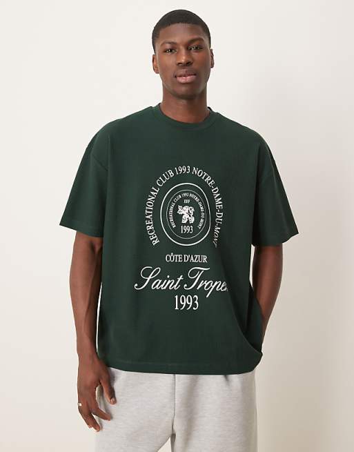 DESIGN heavyweight oversized t-shirt in waffle texture with city graphic in dark green
