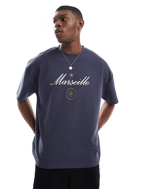 DESIGN heavyweight oversized t-shirt in waffle texture with city graphic in charcoal