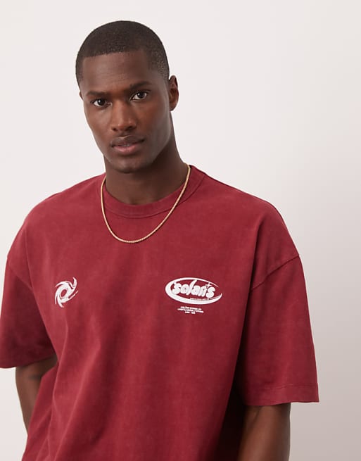 DESIGN Heavyweight Oversized T-shirt In Washed Burgundy With Text Graphic