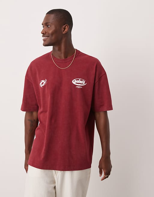 DESIGN Heavyweight Oversized T-shirt In Washed Burgundy With Text Graphic