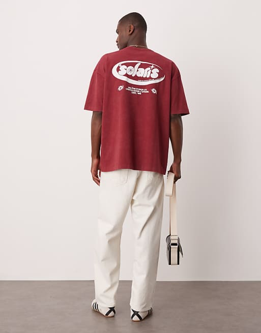 DESIGN Heavyweight Oversized T-shirt In Washed Burgundy With Text Graphic