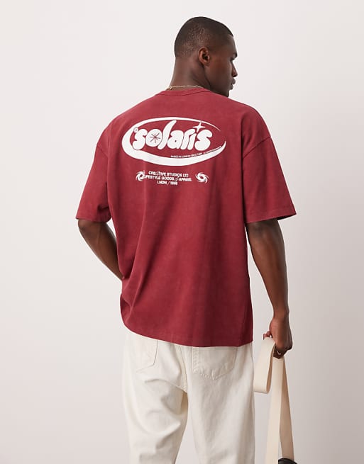 DESIGN heavyweight oversized t-shirt in washed burgundy with text graphic