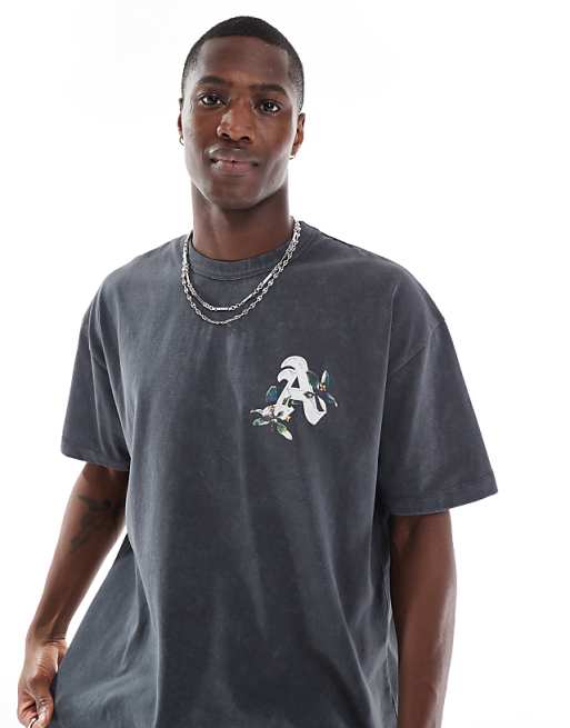 DESIGN Heavyweight Oversized T-shirt In Washed Black With Floral Text Graphic