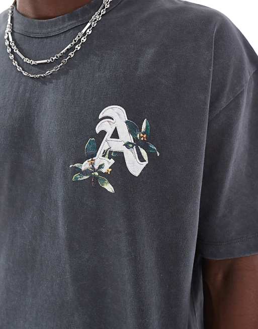 DESIGN Heavyweight Oversized T-shirt In Washed Black With Floral Text Graphic