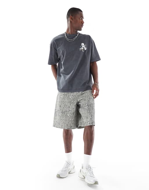 DESIGN Heavyweight Oversized T-shirt In Washed Black With Floral Text Graphic