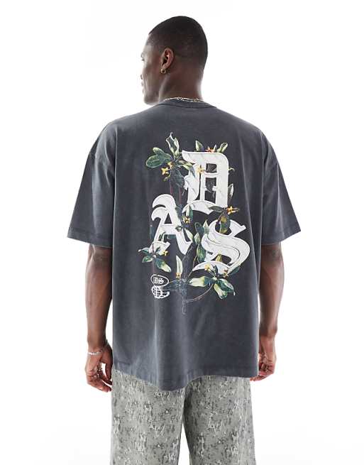 DESIGN heavyweight oversized t-shirt in washed black with floral text graphic