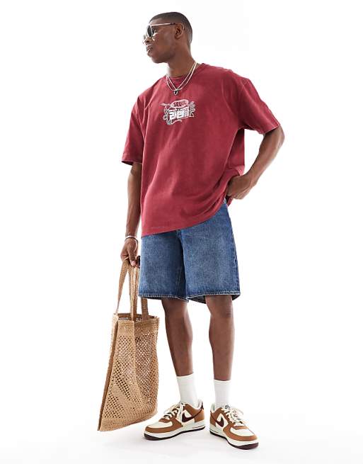 DESIGN Heavyweight Oversized T-shirt In With Front And Back Souvenir Print In Washed Red