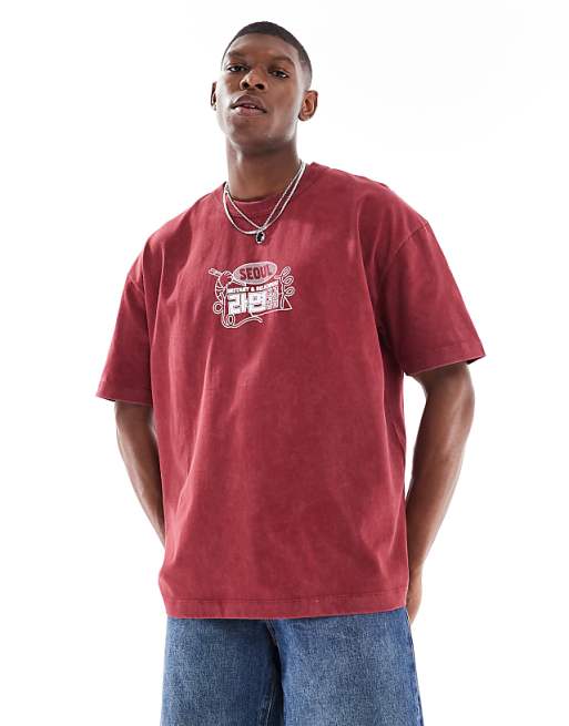 DESIGN Heavyweight Oversized T-shirt In With Front And Back Souvenir Print In Washed Red
