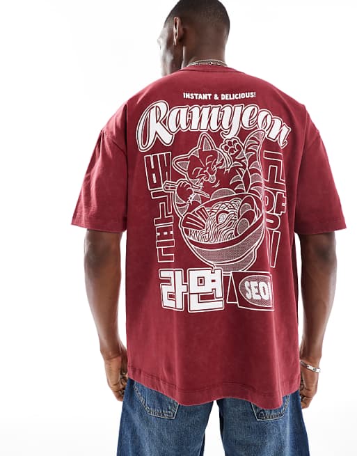 DESIGN heavyweight oversized t-shirt in with front and back souvenir print in washed red