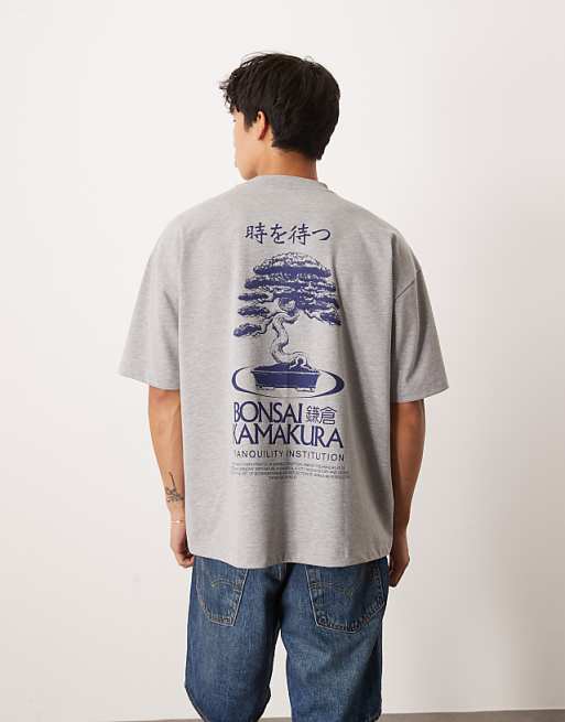 DESIGN heavyweight oversized t-shirt with bonsai graphic in grey marl