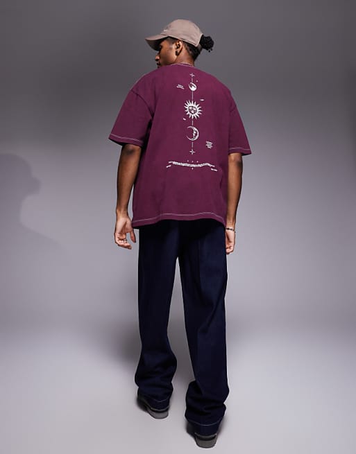 DESIGN Heavyweight Oversized T-shirt With Celestial Spine Graphic In Washed Burgundy