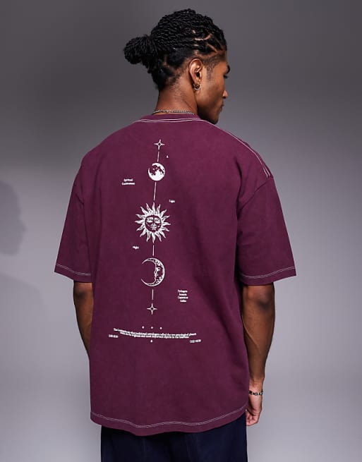 DESIGN heavyweight oversized t-shirt with celestial spine graphic in washed burgundy
