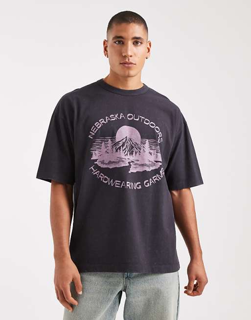DESIGN heavyweight oversized t-shirt with city graphic in washed black