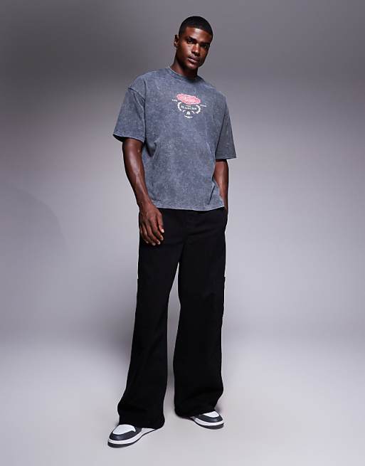 DESIGN Heavyweight Oversized T-shirt With Drinks Graphic In Washed Black