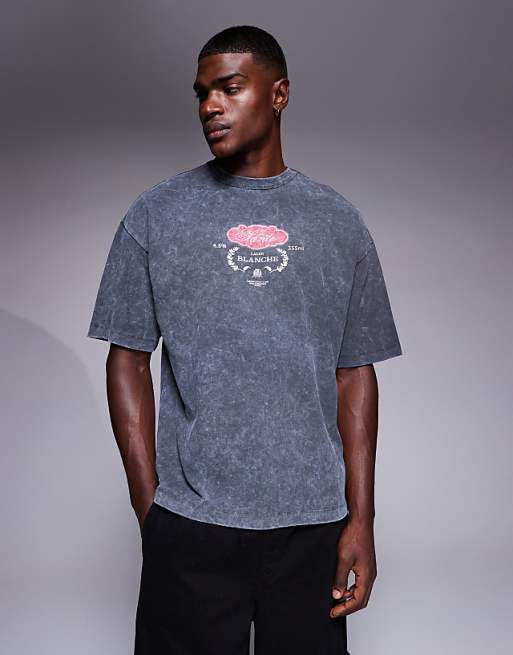 DESIGN Heavyweight Oversized T-shirt With Drinks Graphic In Washed Black