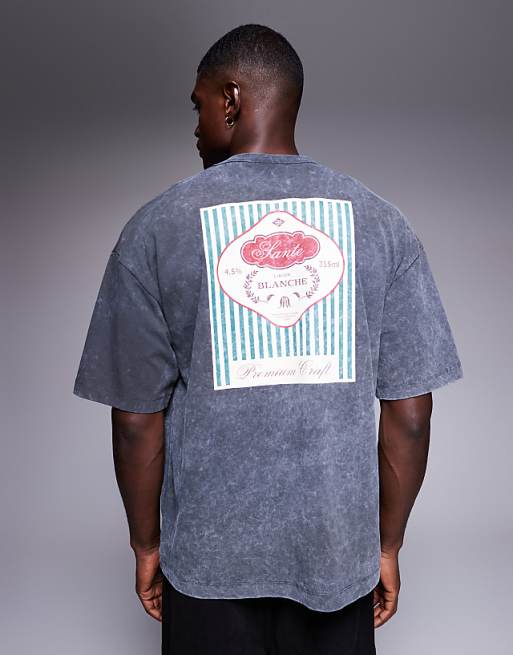 DESIGN heavyweight oversized t-shirt with drinks graphic in washed black