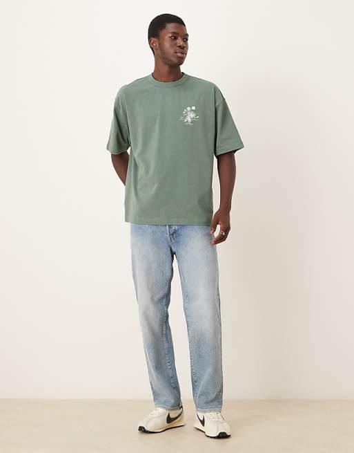 DESIGN Heavyweight Oversized T-shirt With Floral Graphic In Washed Green