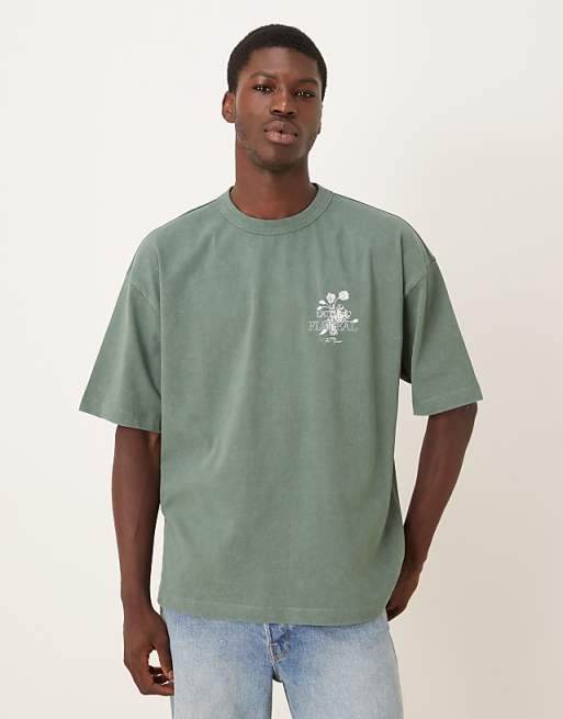 DESIGN Heavyweight Oversized T-shirt With Floral Graphic In Washed Green