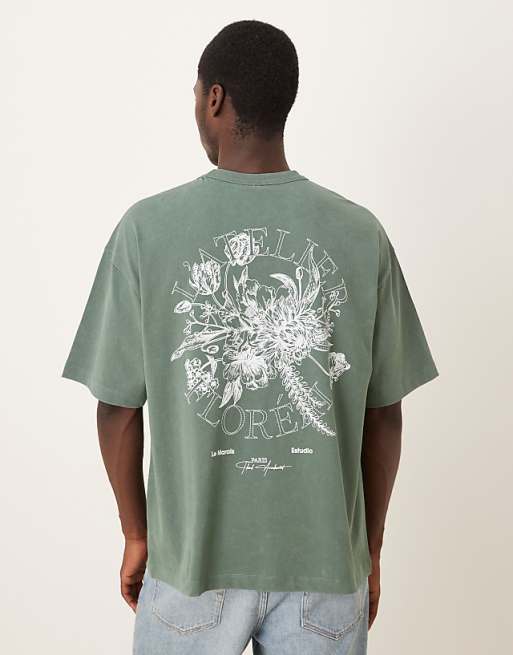 DESIGN heavyweight oversized t-shirt with floral graphic in washed green