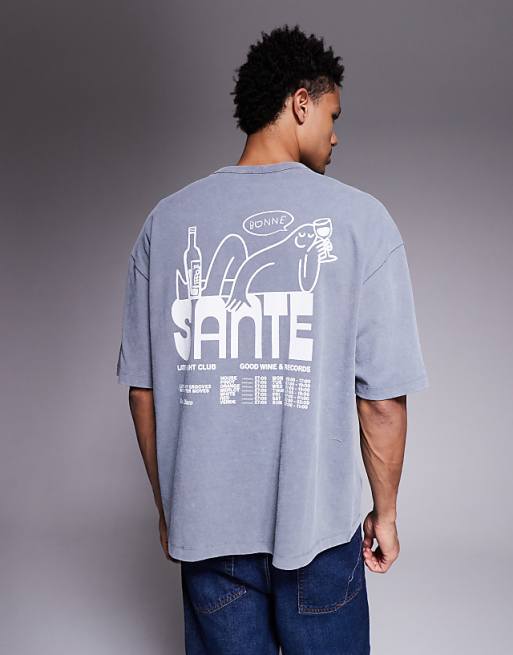 DESIGN heavyweight oversized t-shirt with food & drink graphic in washed grey