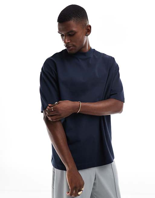 DESIGN heavyweight oversized t-shirt with high neck in navy