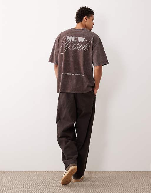 DESIGN Heavyweight Oversized T-shirt With New York Graphic In Washed Brown