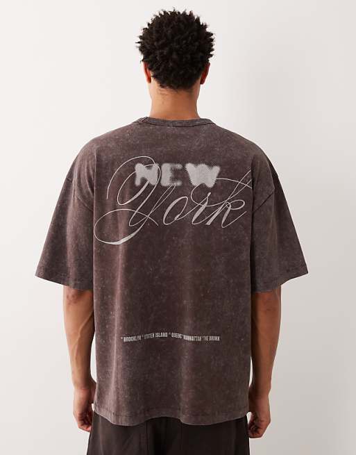 DESIGN heavyweight oversized t-shirt with New York graphic in washed brown