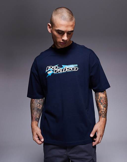 DESIGN heavyweight oversized t-shirt with printed Paraiso graphic and cut a sew detail in navy