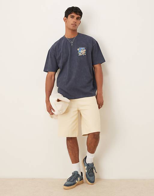 DESIGN Heavyweight Oversized T-shirt With Souvenir Graphic In Washed Navy
