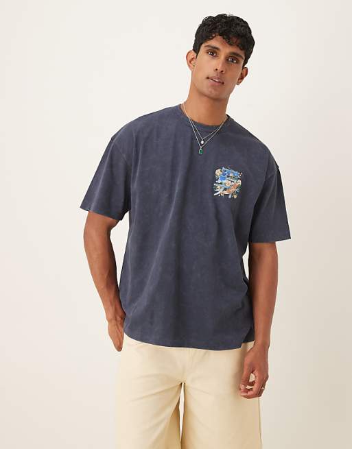 DESIGN Heavyweight Oversized T-shirt With Souvenir Graphic In Washed Navy