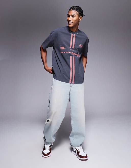 DESIGN Heavyweight Oversized T-shirt With Sports Graphic In Washed Black