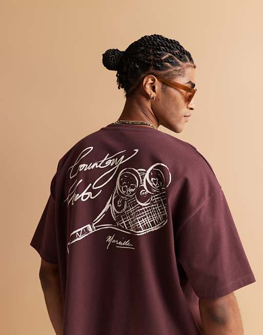 DESIGN heavyweight oversized t-shirt with sport back graphic in burgundy