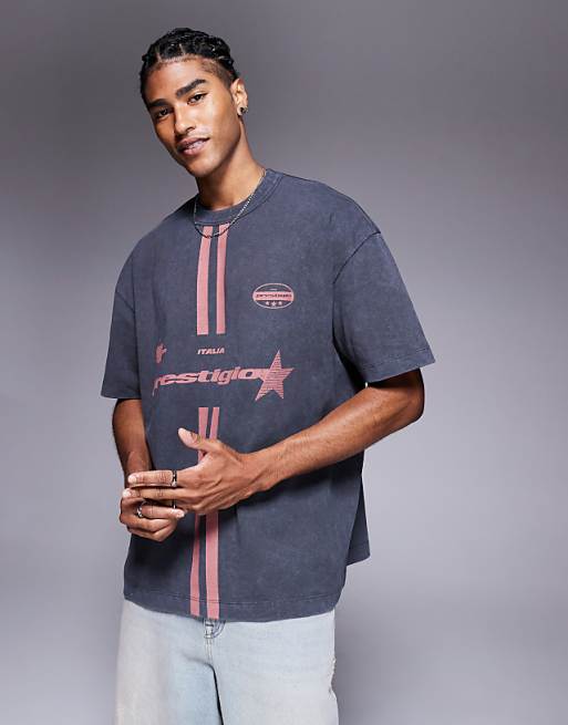 DESIGN heavyweight oversized t-shirt with sports graphic in washed black