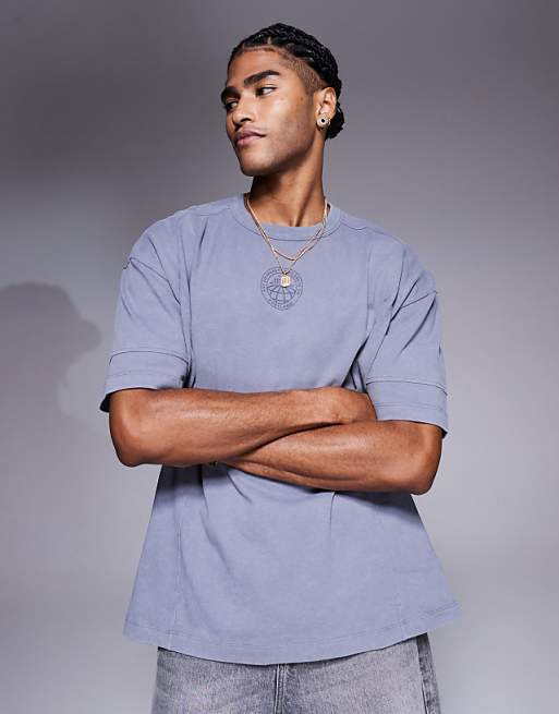 DESIGN Heavyweight Oversized T-shirt With Text Graphic And Seam Detail In Washed Grey