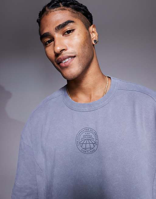 DESIGN Heavyweight Oversized T-shirt With Text Graphic And Seam Detail In Washed Grey