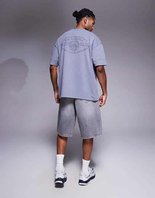 DESIGN Heavyweight Oversized T-shirt With Text Graphic And Seam Detail In Washed Grey