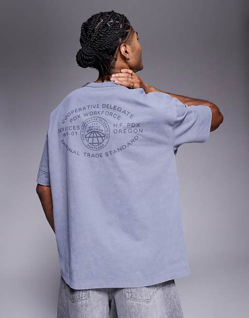 DESIGN heavyweight oversized t-shirt with text graphic and seam detail in washed grey