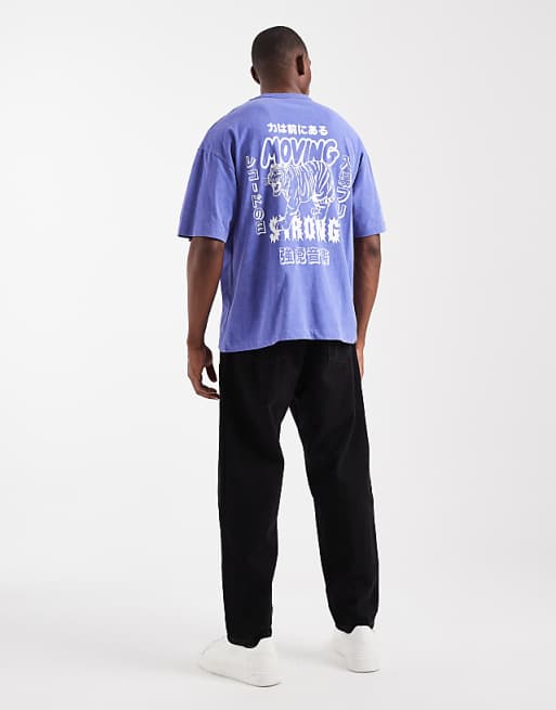 DESIGN Heavyweight Oversized T-shirt With Tiger Graphic In Washed Blue