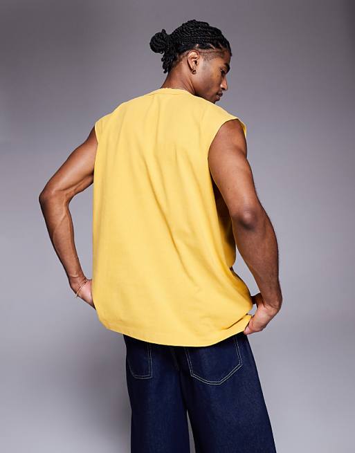 DESIGN Heavyweight Oversized Tank With Text Graphic In Washed Yellow