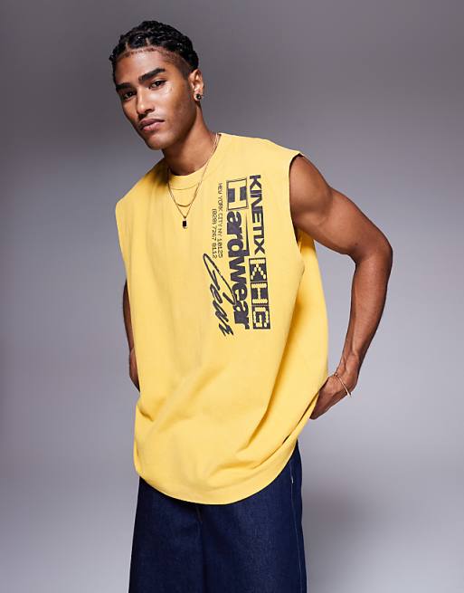 DESIGN heavyweight oversized tank with text graphic in washed yellow