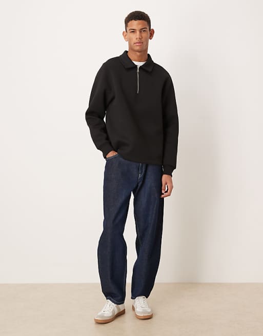 DESIGN Heavyweight Polo Sweatshirt With Fixed Hem In Scuba-style Fabric In Black