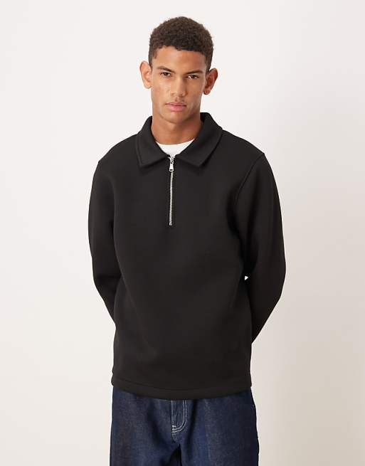 DESIGN heavyweight polo sweatshirt with fixed hem in scuba-style fabric in black