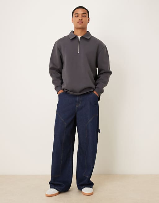 DESIGN Heavyweight Quarter Zip Sweatshirt With Collar In Scuba-style Fabric In Charcoal