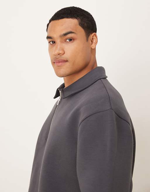 DESIGN Heavyweight Quarter Zip Sweatshirt With Collar In Scuba-style Fabric In Charcoal