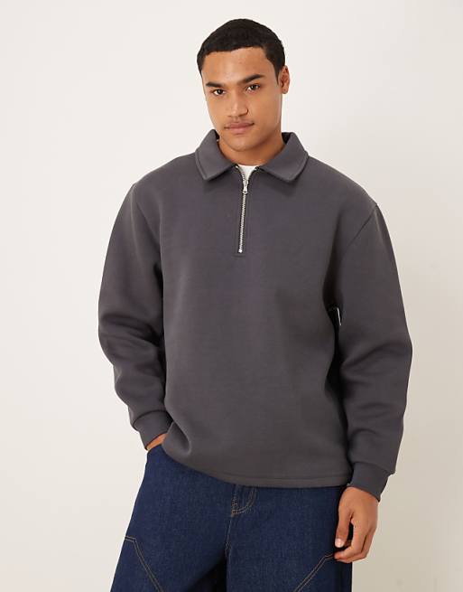 DESIGN Heavyweight Quarter Zip Sweatshirt With Collar In Scuba-style Fabric In Charcoal